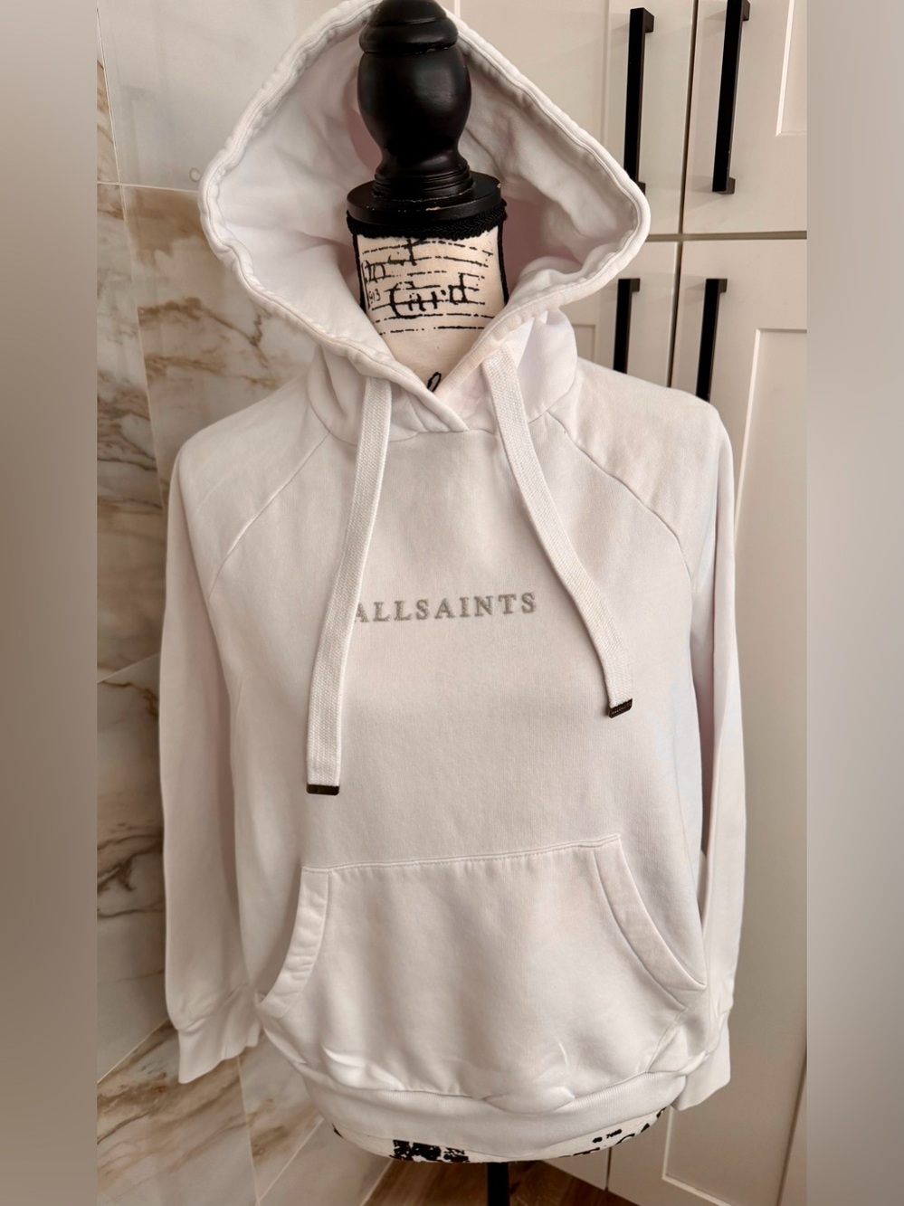 All Saints White Embroidered Logo Hoodie Kangaroo Pocket Small